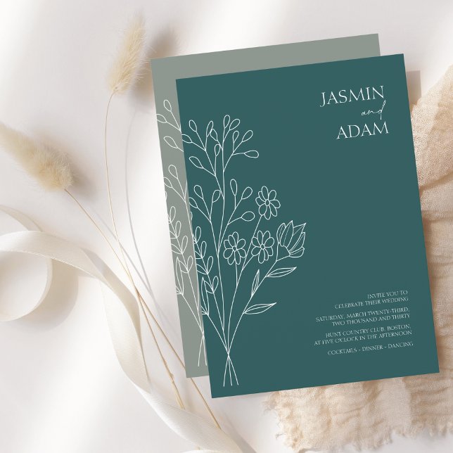 Minimal Emerald Green White Wildflower Wedding Invitation (Creator Uploaded)