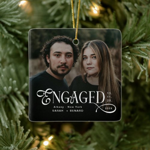 Minimal Engaged Couples 2 Photos Stylish Christmas Ceramic Ornament