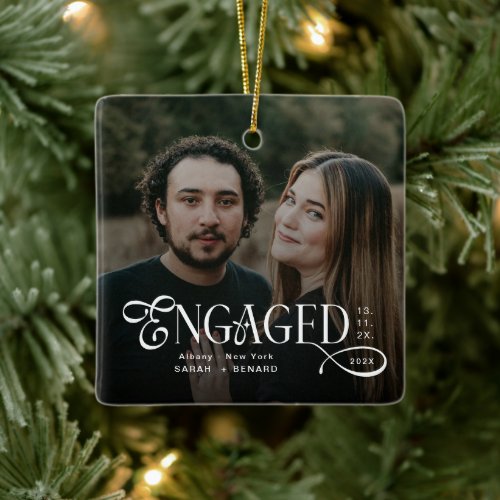 Minimal Engaged Couples Photo Stylish Christmas Ceramic Ornament