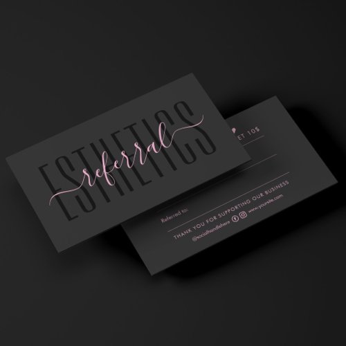 Minimal Esthetician Beauty Aesthetic Black Pink Referral Card