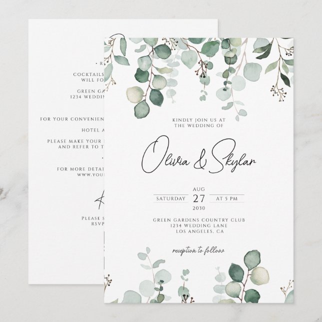 Minimal Eucalyptus Botanical QR All In One Wedding Invitation (Front/Back)