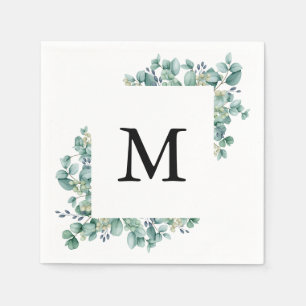 Minimal Eucalyptus Green Leaf Monogram Wedding Napkins