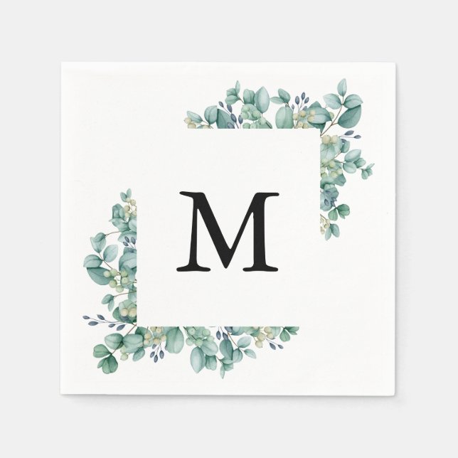 Minimal Eucalyptus Green Leaf Monogram Wedding Napkins (Front)