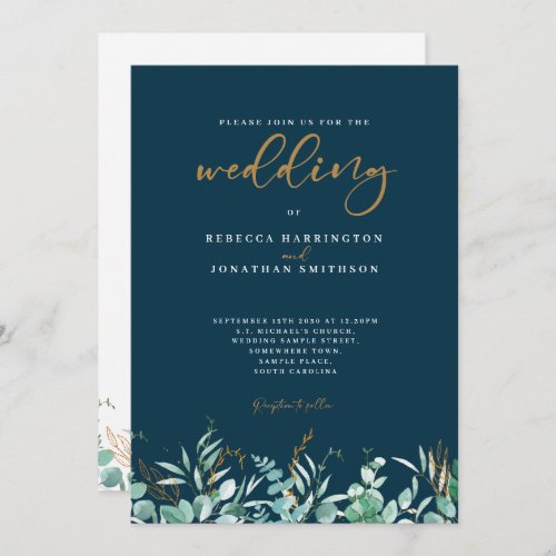 Minimal Eucalyptus Leaf Gold Navy Wedding Invitation