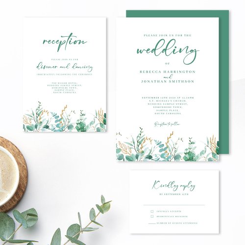 Minimal Eucalyptus Leaf Green Gold Wedding Invitation