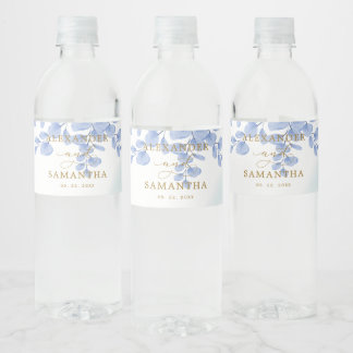 Minimal Eucalyptus Leaves Gold Dusty Blue Wedding Water Bottle Label
