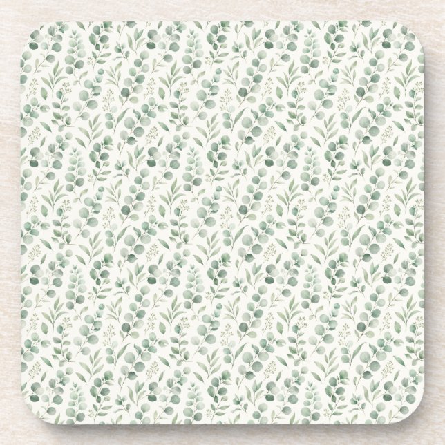 Minimal Eucalyptus Leaves Seamless Pattern Beverage Coaster (Front)