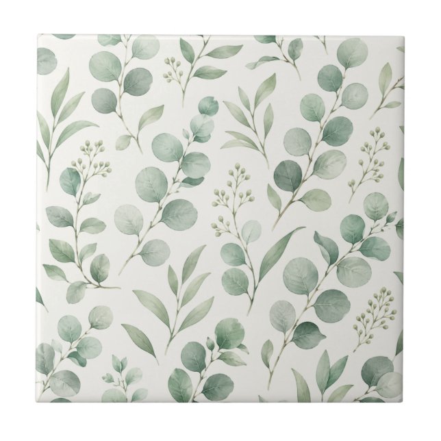 Minimal Eucalyptus Leaves Seamless Pattern Ceramic Tile (Front)
