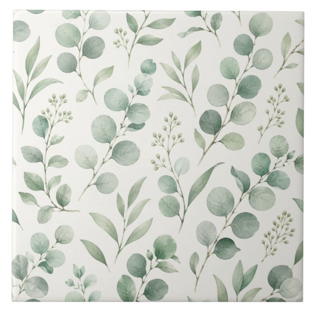 Minimal Eucalyptus Leaves Seamless Pattern Ceramic Tile (Front)