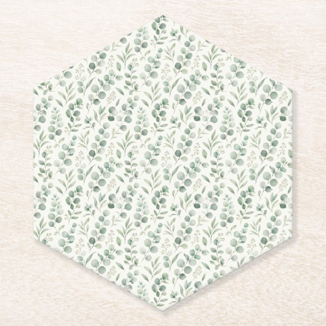 Minimal Eucalyptus Leaves Seamless Pattern Paper Coaster (Front)