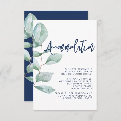 Minimal Eucalyptus Navy Blue Wedding Accommodation Enclosure Card