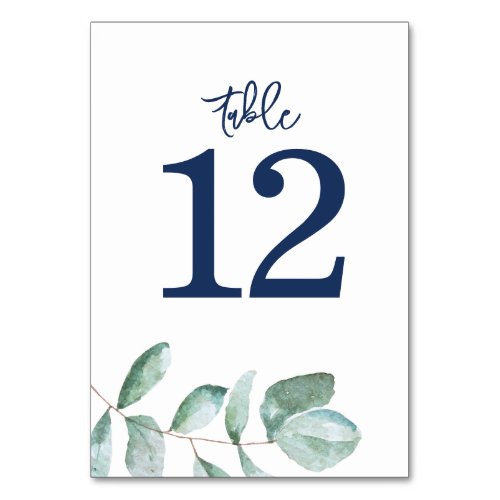 Minimal Eucalyptus Navy Blue Wedding Table Number