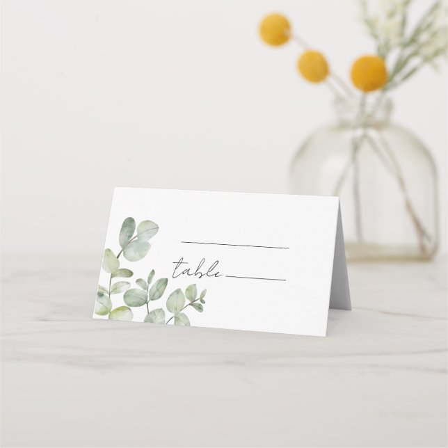 Minimal Eucalyptus Watercolor Wedding Place Card (Front)