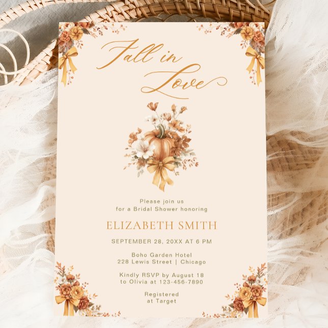 Minimal Fall Floral Bow Fall in Love Bridal Shower Invitation (Creator Uploaded)
