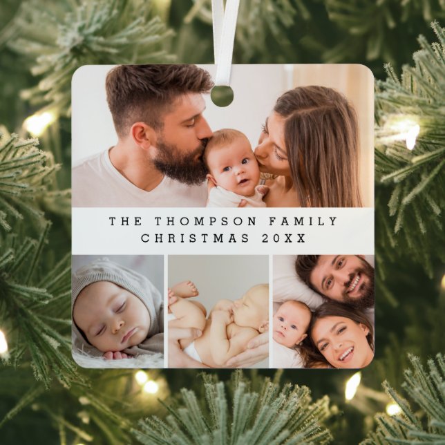 Minimal Family Photo collage Christmas Custom Metal Ornament (Insitu)