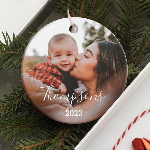 Minimal Family Photo Custom Name Script  Year Ornament