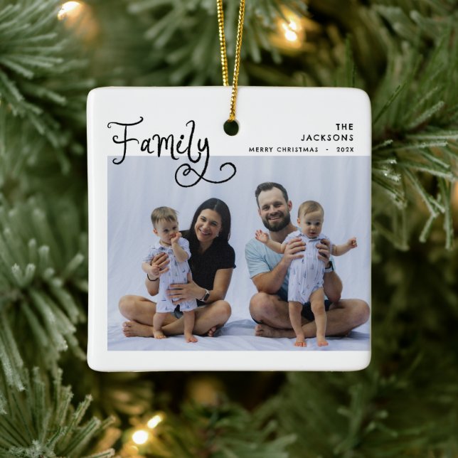 Minimal Family Photo Whimsical Merry Christmas Ceramic Ornament (Tree)