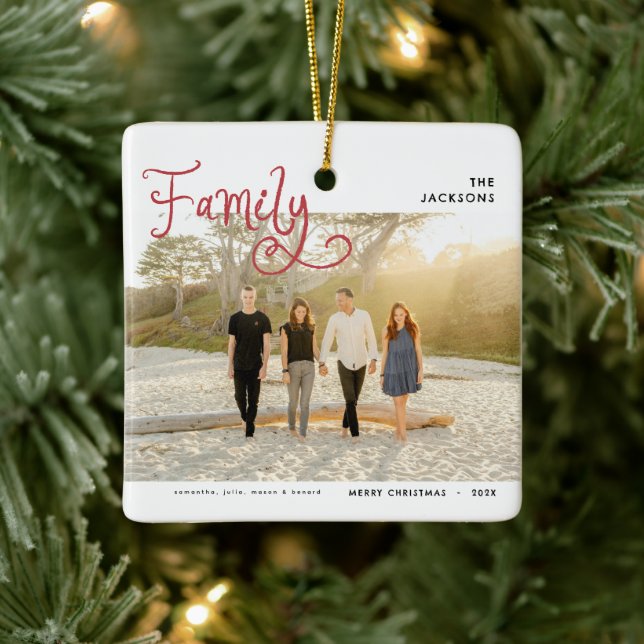 Minimal Family Photo Whimsical Merry Christmas Ceramic Ornament (Tree)