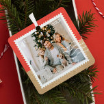 Minimal Family Photos Postage Stamps Personalized Metal Ornament<br><div class="desc">Fun, modern, and minimal postage stamp holiday photo ornament design. Festive postage stamp-inspired design family with postage stamp frame and faux kraft paper two-tone design. Stamp value and year are displayed on the stamps with postage marks. Personalize with two of your favorite photos, one on the front and one on...</div>