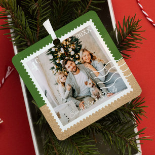Minimal Family Photos Postage Stamps Personalized Metal Ornament