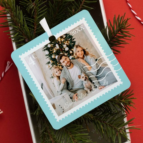 Minimal Family Photos Postage Stamps Personalized Metal Ornament