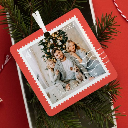 Minimal Family Photos Postage Stamps Personalized Metal Ornament