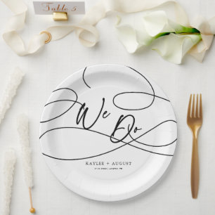Minimal Fancy Script "We Do" Calligraphy Wedding Paper Plates