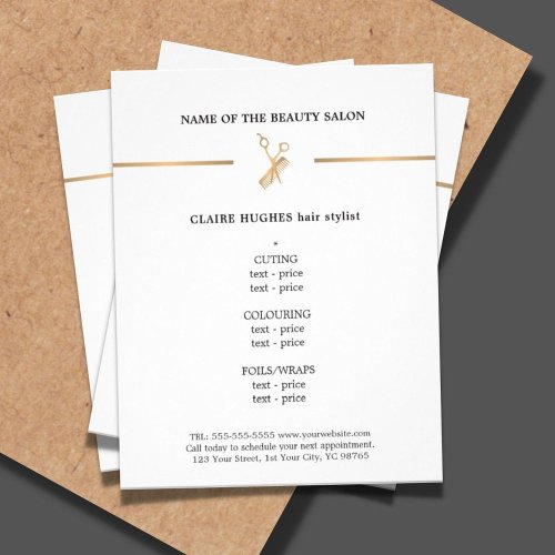 Minimal Faux Gold Scissors Comb Hairstylist Menu Flyer