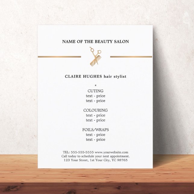 Minimal Faux Gold Scissors Comb Hairstylist Menu Flyer (Creator Uploaded)