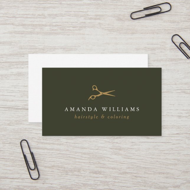 Minimal Faux Gold Scissors Hair Stylist Dark Green Business Card (Front/Back In Situ)