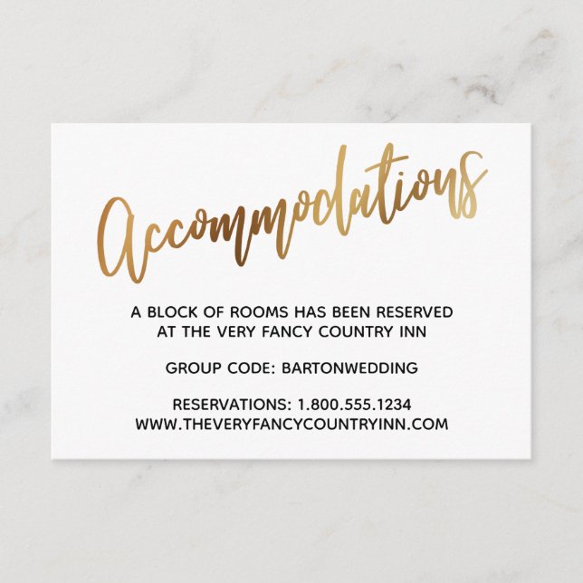 Minimal Faux Gold Typography Wedding Accommodation Enclosure Card (Front)