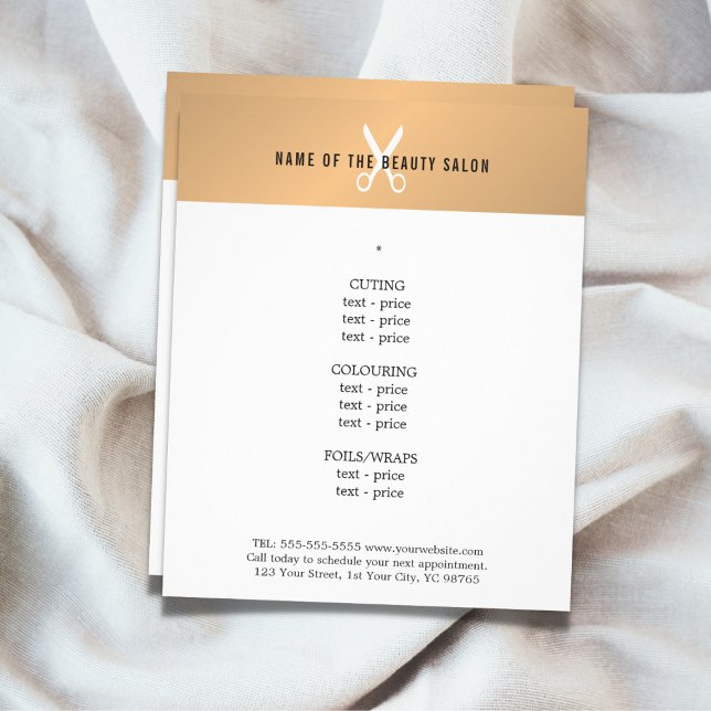 Minimal Faux Gold White Scissor Hairstylist Menu Flyer (Creator Uploaded)
