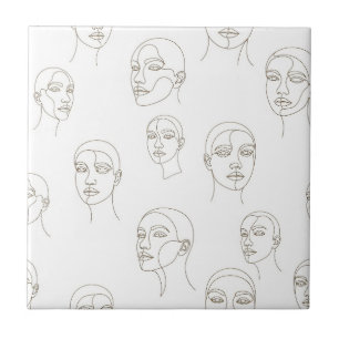 Minimal Female Face Line Pattern (3) Ceramic Tile