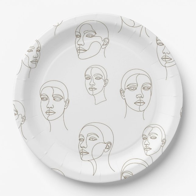 Minimal Female Face Line Pattern (3) Paper Plates (Front)