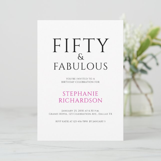 Minimal Fifty and Fabulous 50th Birthday Party  Invitation (Standing Front)