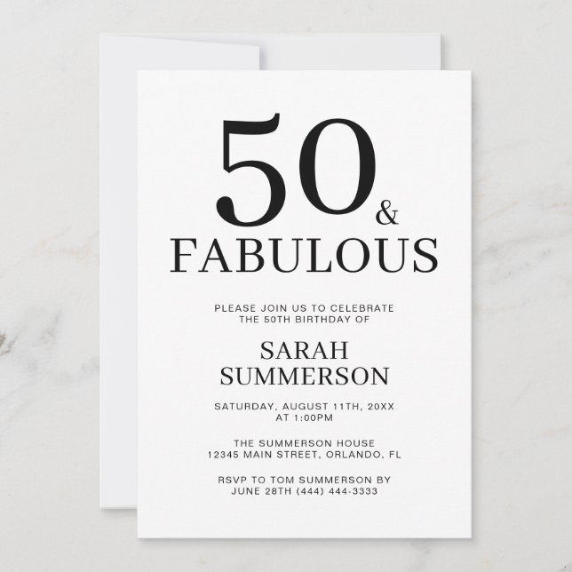 Minimal Fifty and Fabulous 50th Birthday Party Invitation (Front)