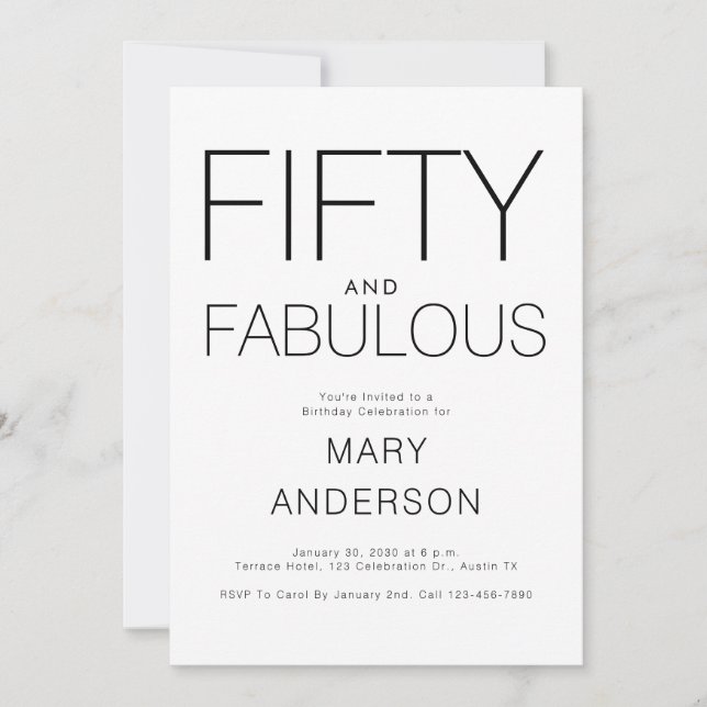 Minimal Fifty and Fabulous 50th Birthday Party Invitation (Front)