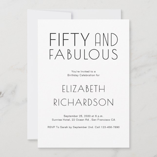 Minimal Fifty and Fabulous 50th Birthday Party Invitation (Front)