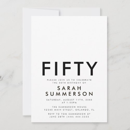 Minimal Fifty Black White 50th Birthday Invitation