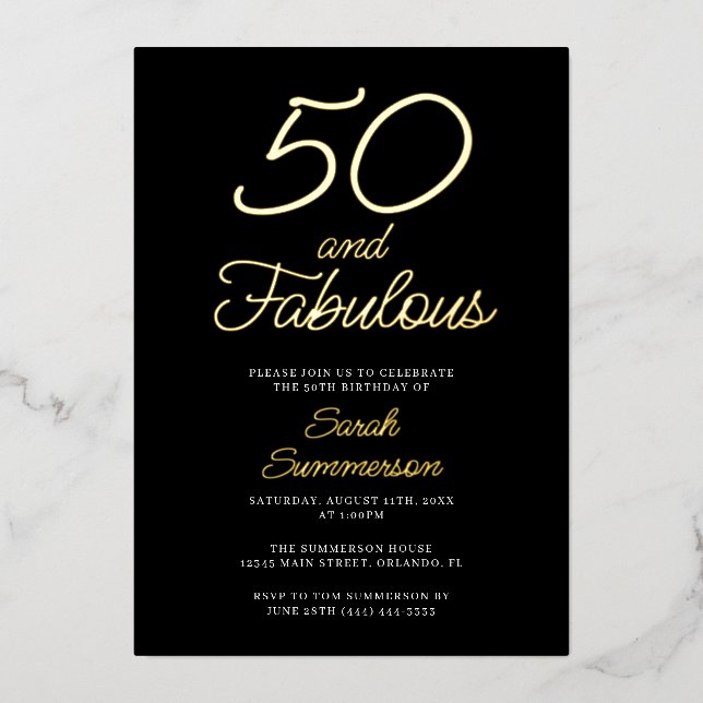 Minimal Fifty Fabulous Black 50th Birthday Party Foil Invitation (Front)