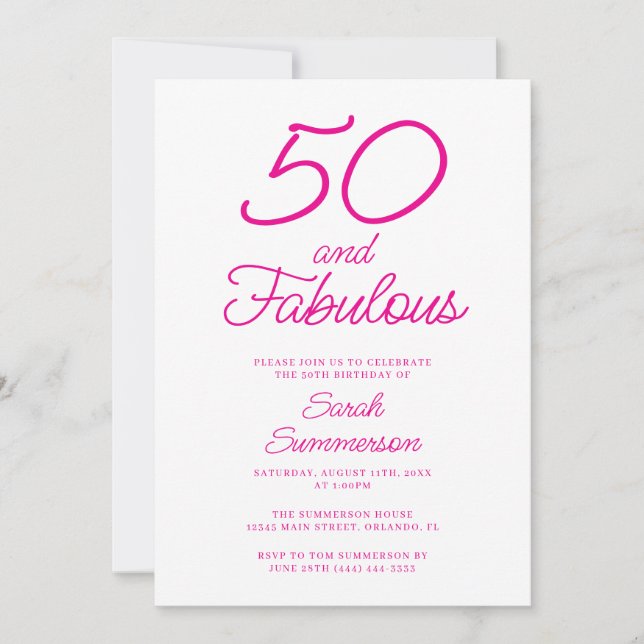 Minimal Fifty Fabulous Pink 50th Birthday Party Invitation (Front)