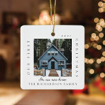 Minimal First Christmas In Our New Home 2 Photo Ceramic Ornament<br><div class="desc">Minimal and modern simple photo keepsake new home photo ornament to commemorate your first Christmas in our new home. The design features a simple minimal design with a square photo design to display your special new home photo. "Our first Christmas", year and family name is displayed in a simple modern...</div>