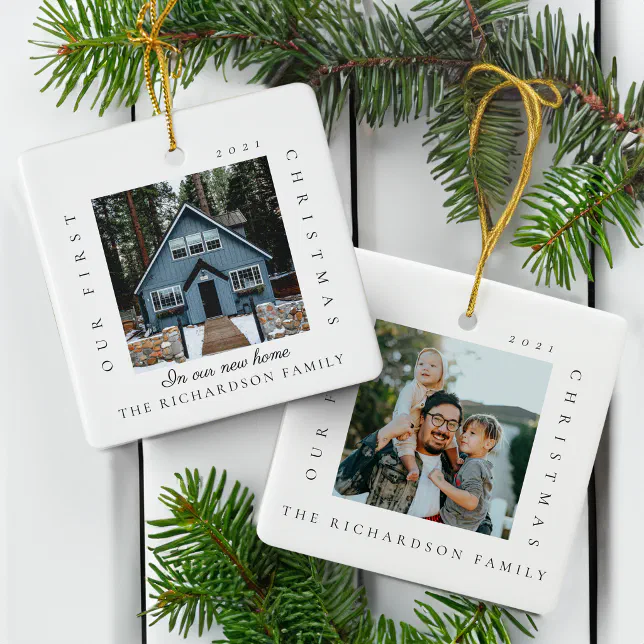 Minimal First Christmas In Our New Home 2 Photo Ceramic Ornament | Zazzle