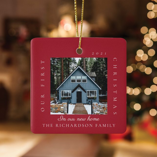 Minimal First Christmas In Our New Home 2 Photo Ceramic Ornament (Minimal First Christmas In Our New Home 2 Photo Ceramic Ornament)