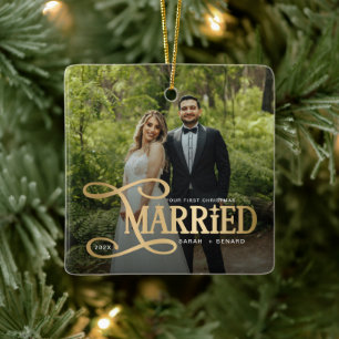 Minimal First Christmas Married Couples 2 Photos Ceramic Ornament