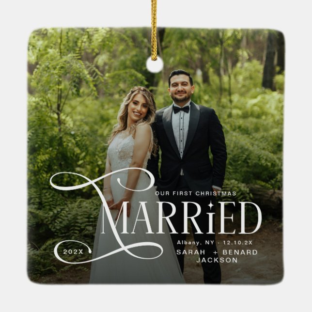 Minimal First Christmas Married Couples 2 Photos Ceramic Ornament (Back)