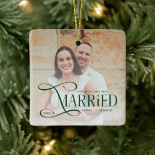 Minimal First Christmas Married Couples 2 Photos Ceramic Ornament