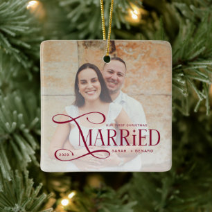 Minimal First Christmas Married Couples 2 Photos Ceramic Ornament