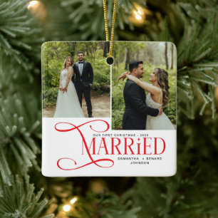 Minimal First Christmas Married Couples 2 Photos Ceramic Ornament