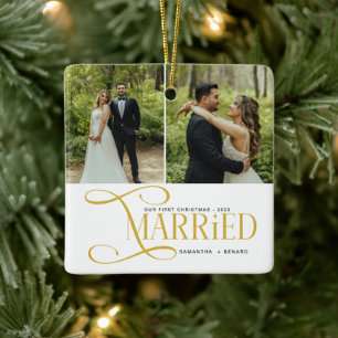 Minimal First Christmas Married Couples 2 Photos Ceramic Ornament